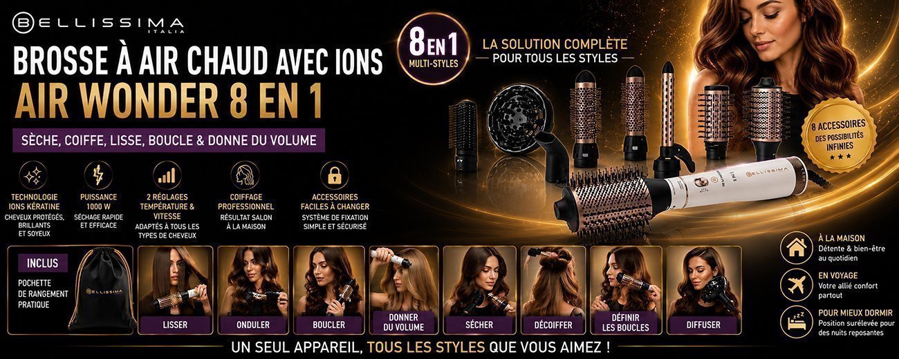 Brosse à Air Chaud 8 en 1 Bellissima avec Ions Kératine