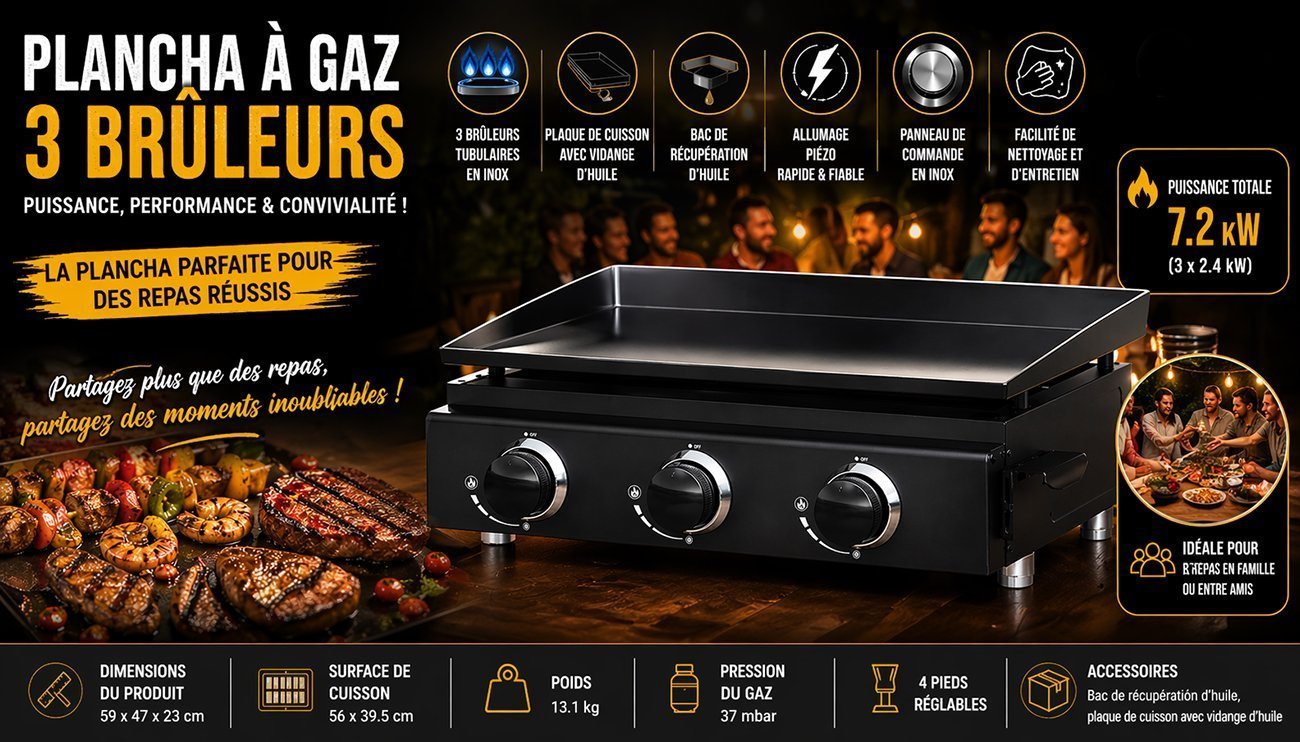 Plancha à gaz Ohmex 3 brûleurs