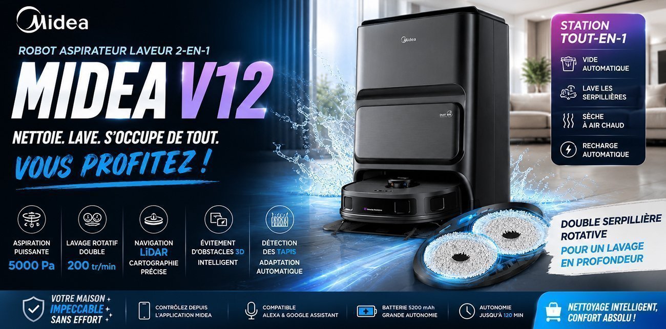 Robot Aspirateur Laveur 2 en 1 Midea V12