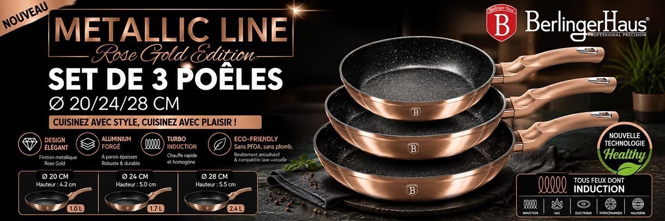 Set de 3 Poêles Ø 20/24/28cm Metallic Line Rose Gold Edition